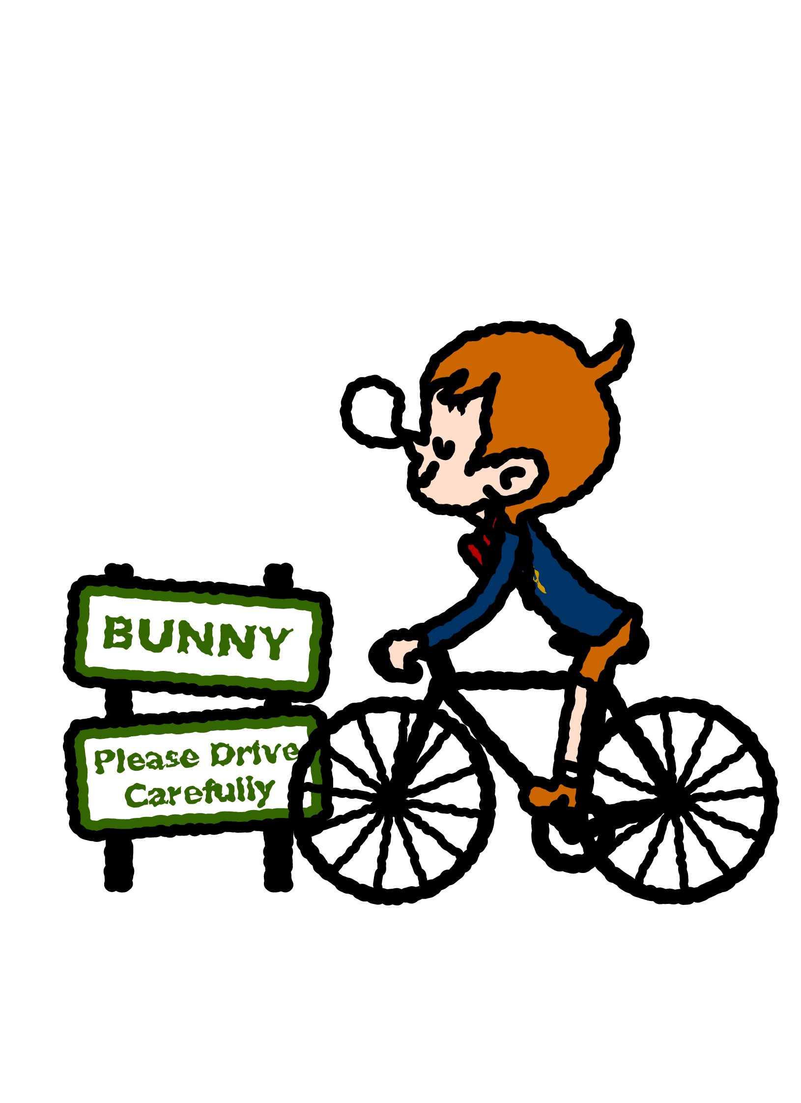 Paul cycling past signs reading ‘BUNNY’ and ‘Please Drive Carefully’.