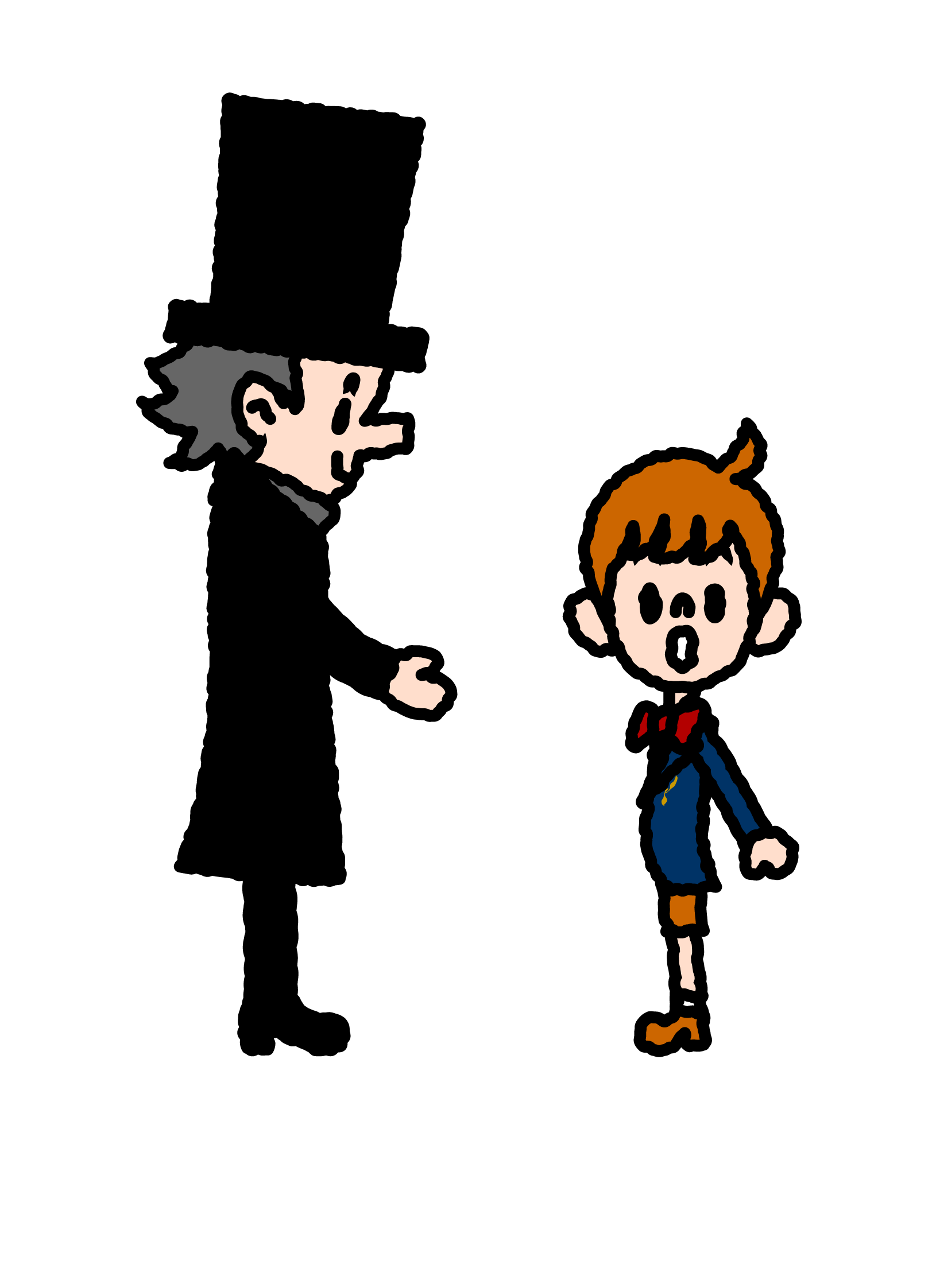 The young Paul looking surprised as a visitor in a top hat speaks to him.