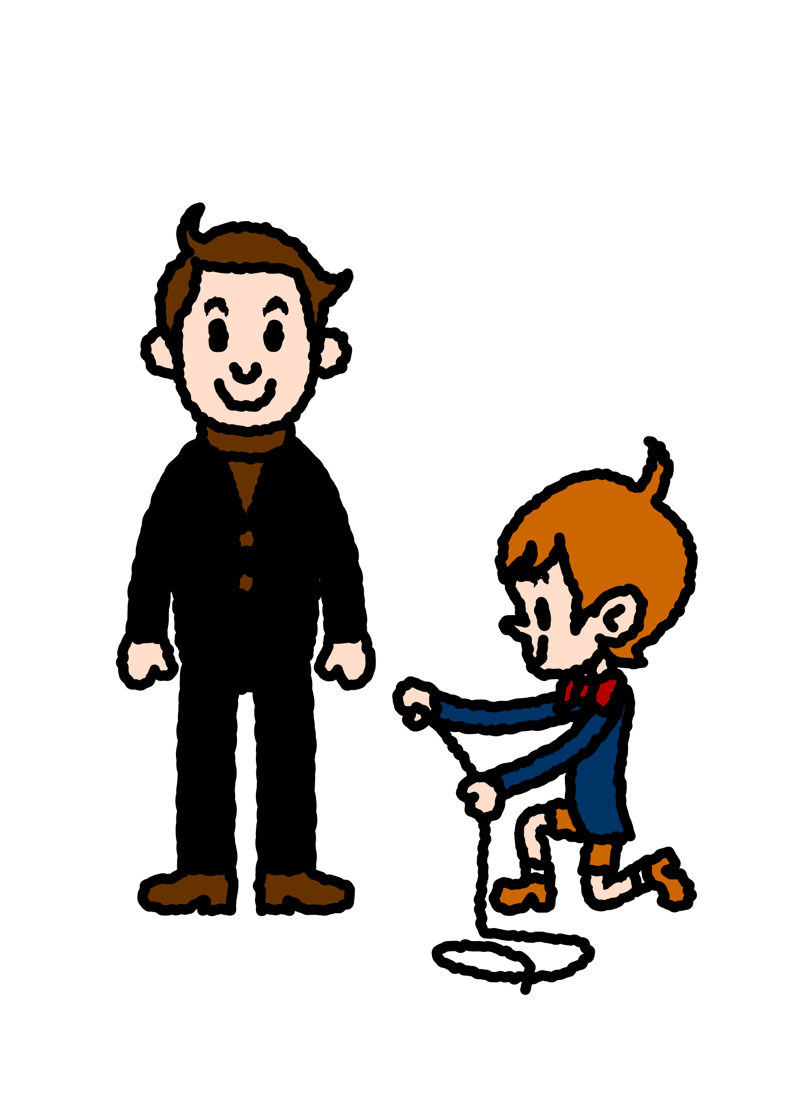 The young Paul making clothes with fabric beside the adult Paul.
