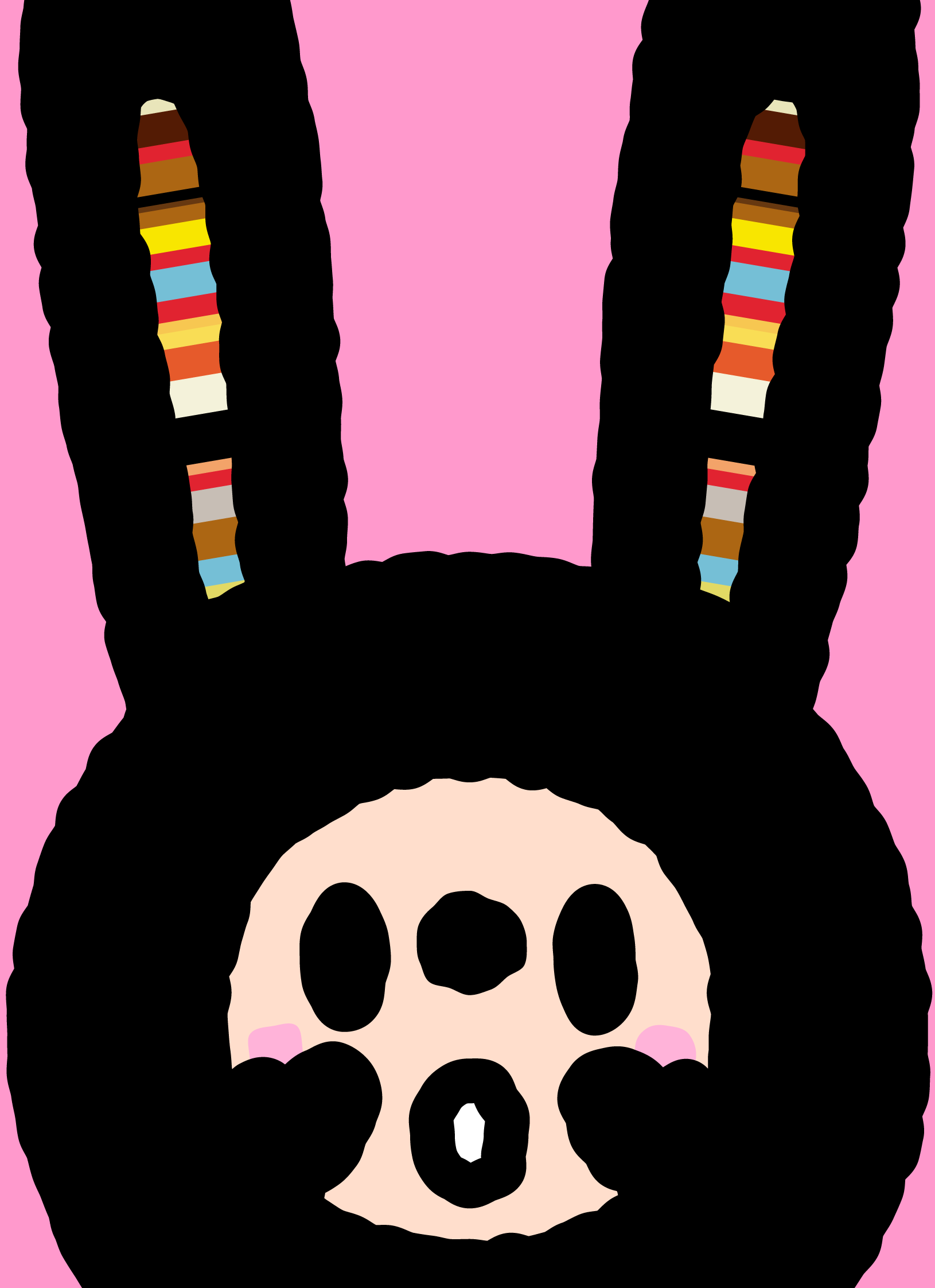 Bunny Paul peering upside down into a pink picture.