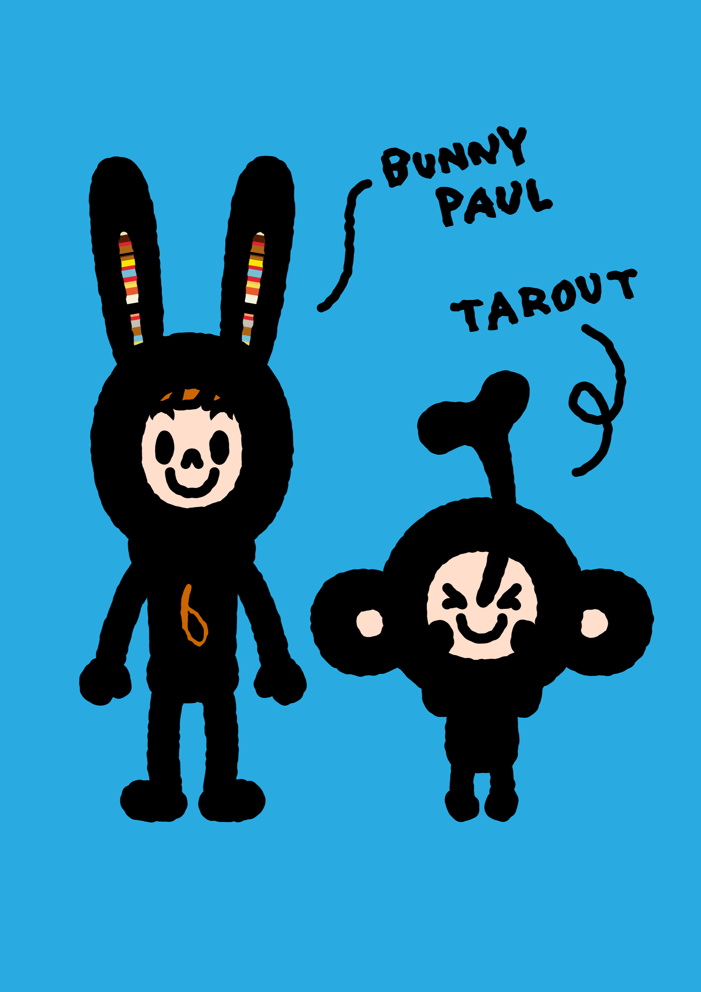 Bunny Paul and TAROUT on a blue background, identified by handwritten arrows.
