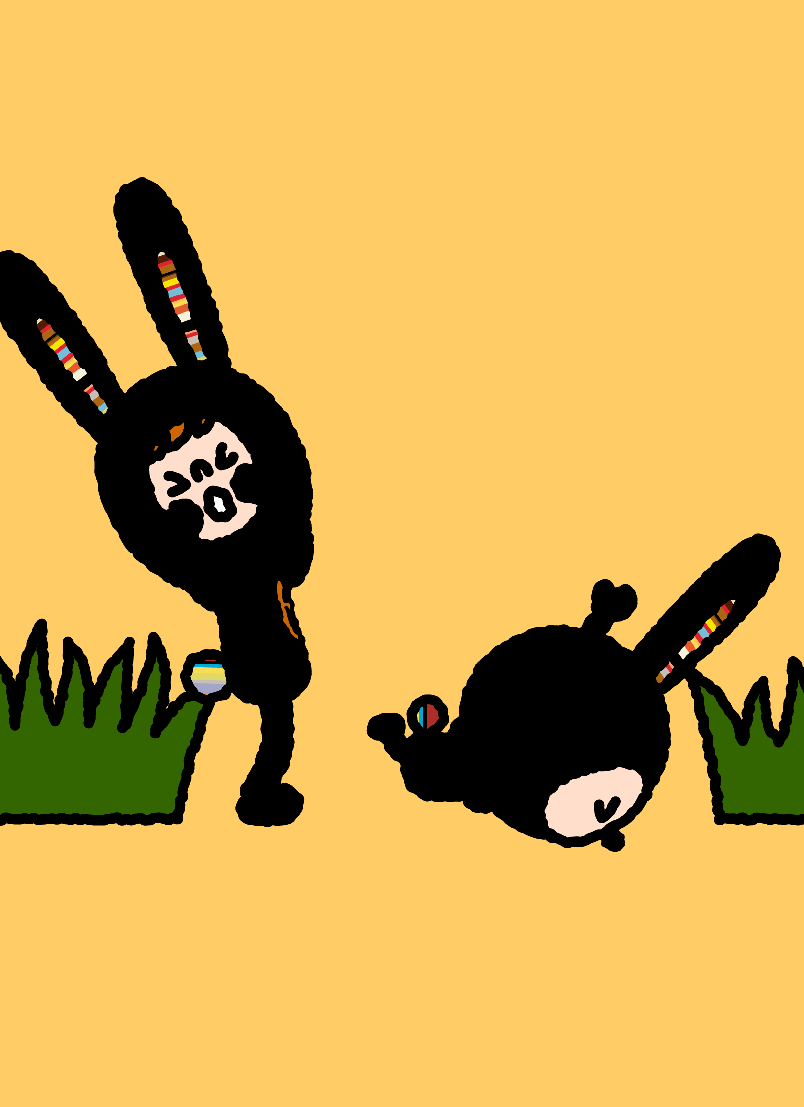 Bunny Paul tumbling through the air with a Lunny on a yellow background.