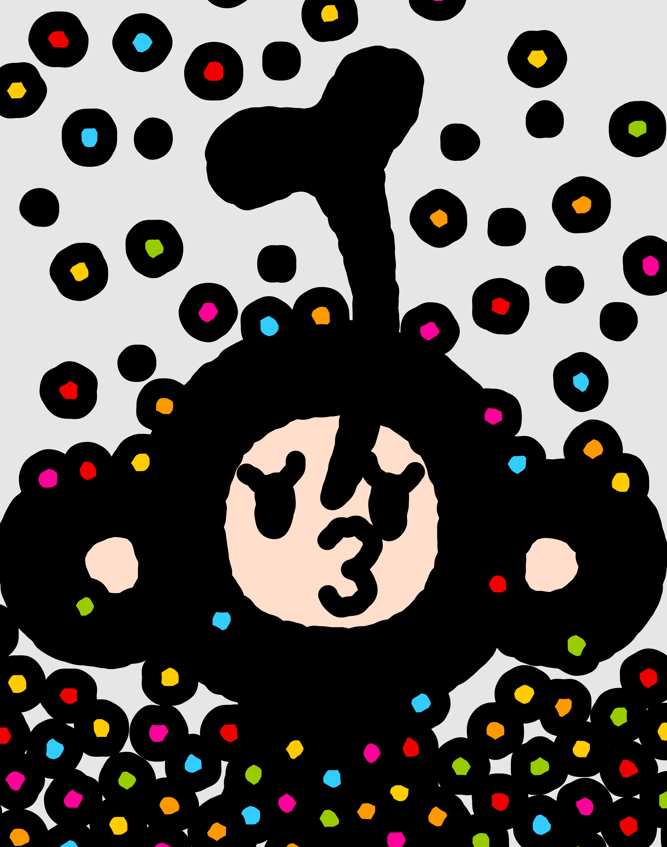 TAROUT puffing out his cheeks as flower seeds scatter around him on grey.