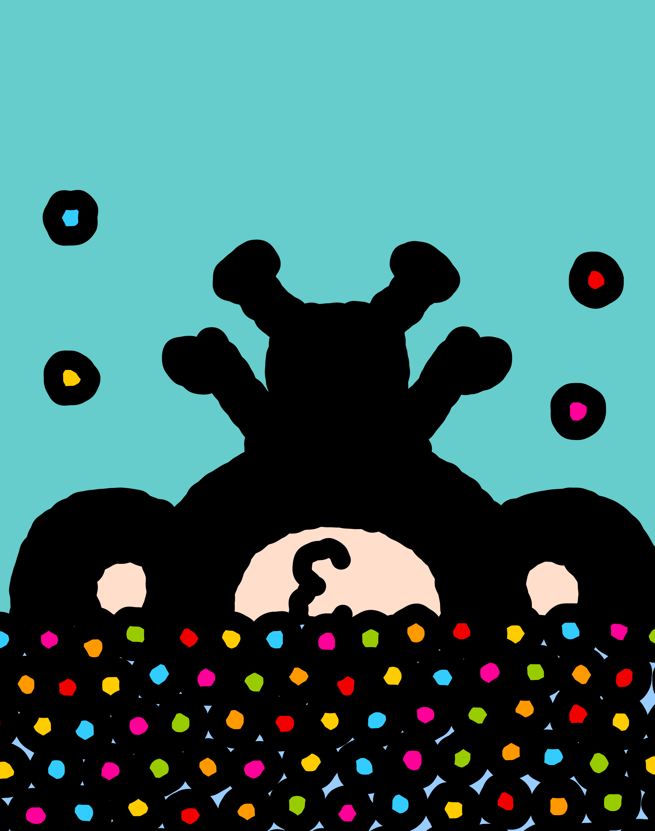 TAROUT peering out from a heap of colourful seeds on an aqua background.