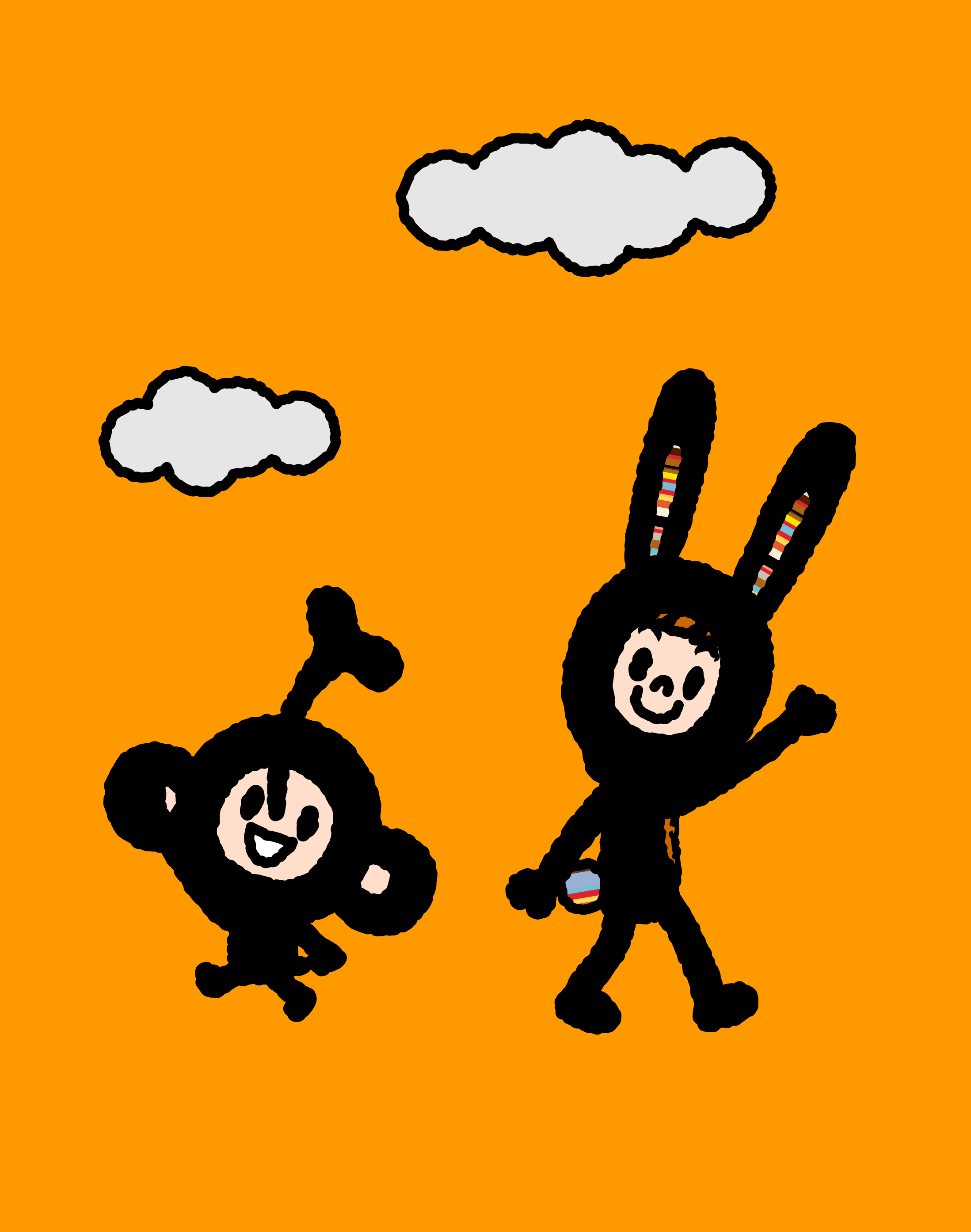 Bunny Paul and TAROUT moving as if dancing beneath clouds in an orange sky.