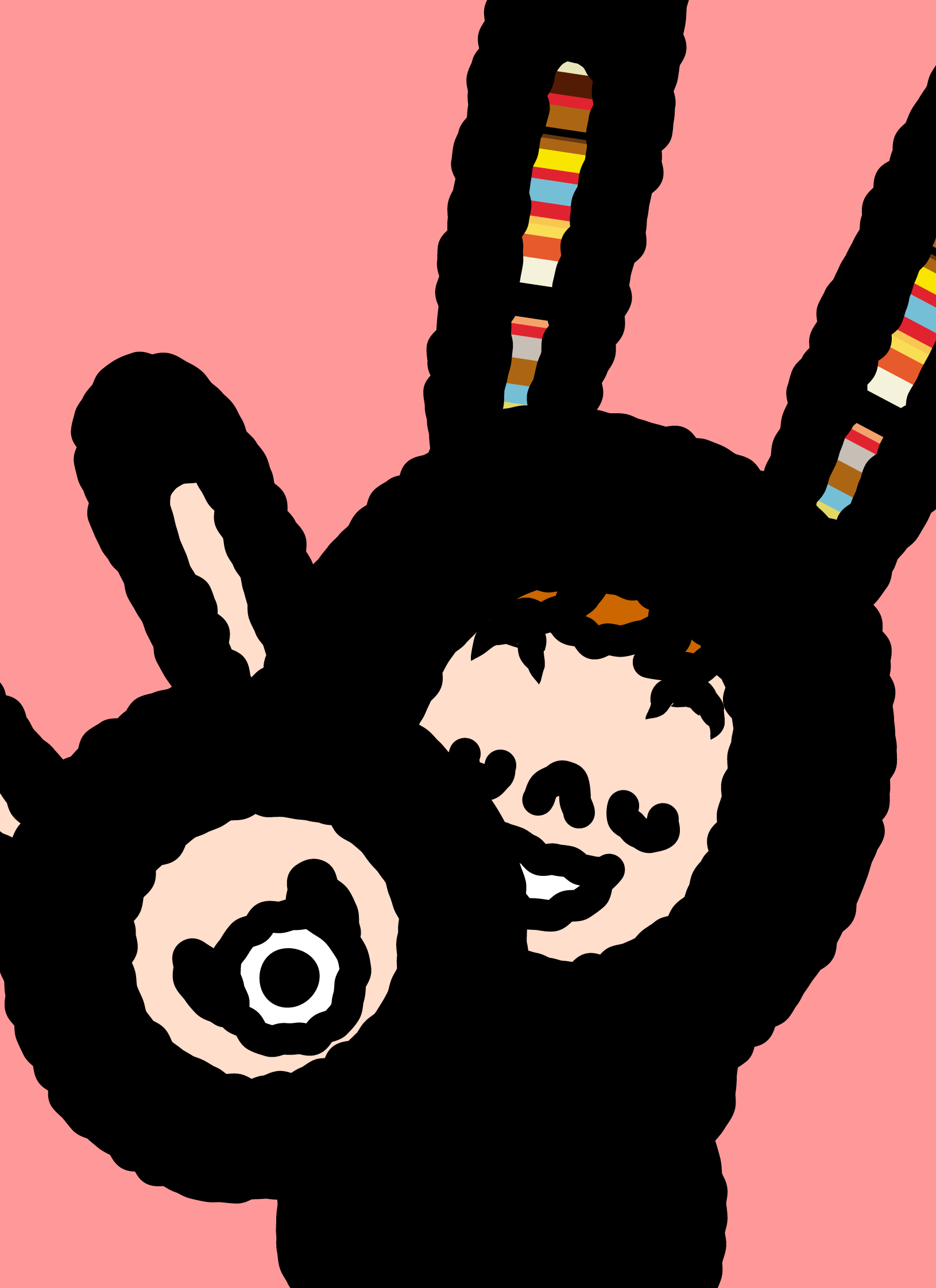A close-up of Bunny Paul leaning close to a baby Lunny on pink.