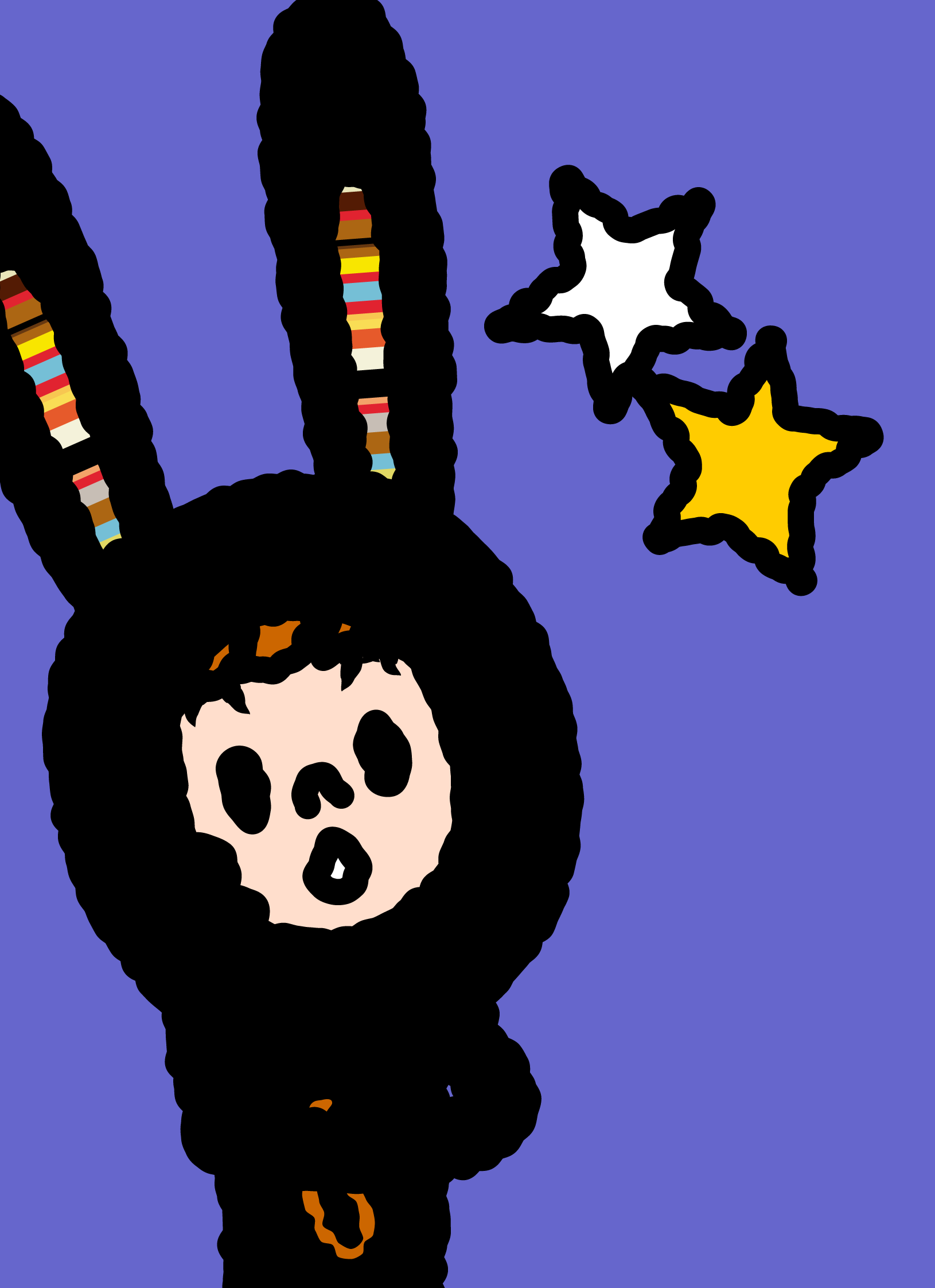 A tired-looking Bunny Paul gazing at two stars on a purple background.
