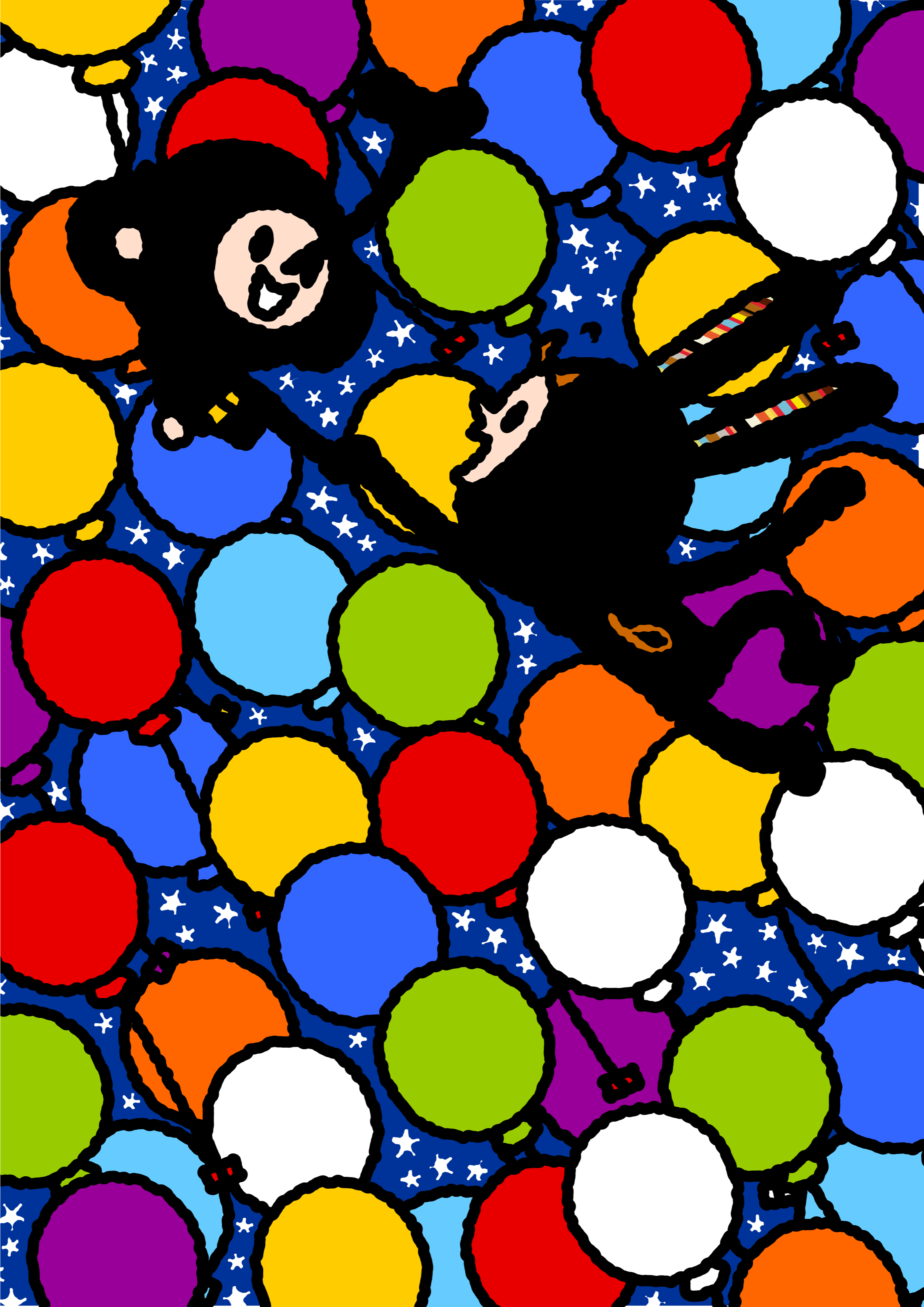 Bunny Paul and TAROUT flying through a starry blue sky with many balloons.