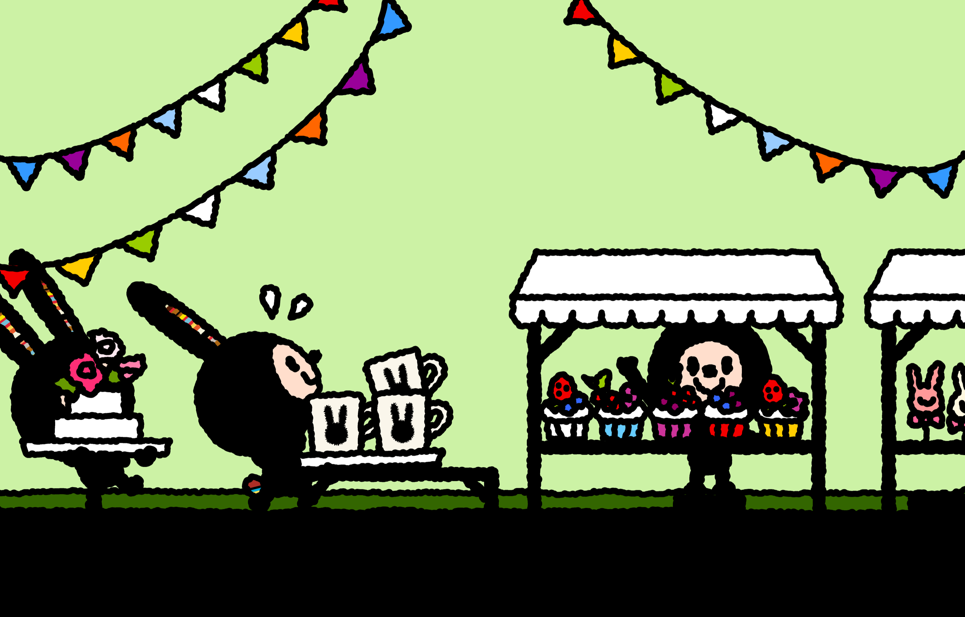 Lunnys carrying food and decorations as they prepare a party on a green hilltop.