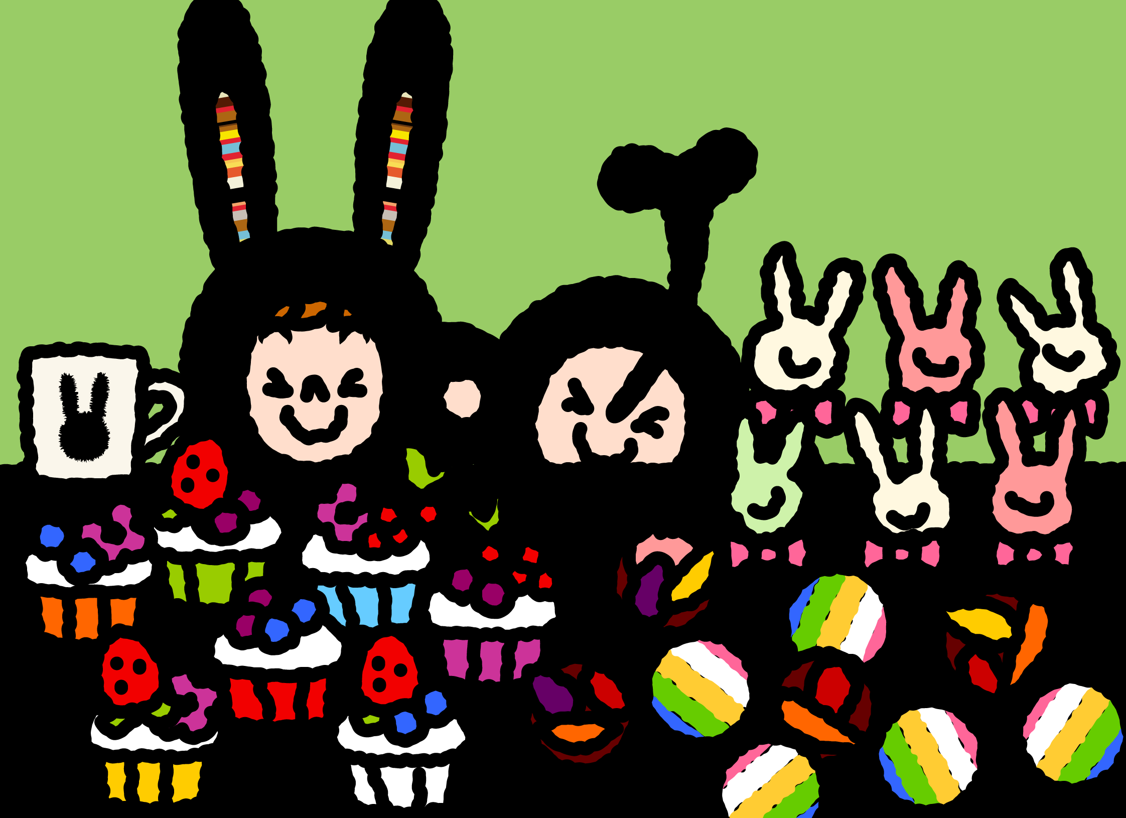 Bunny Paul and TAROUT looking across tables filled with cakes and cupcakes.