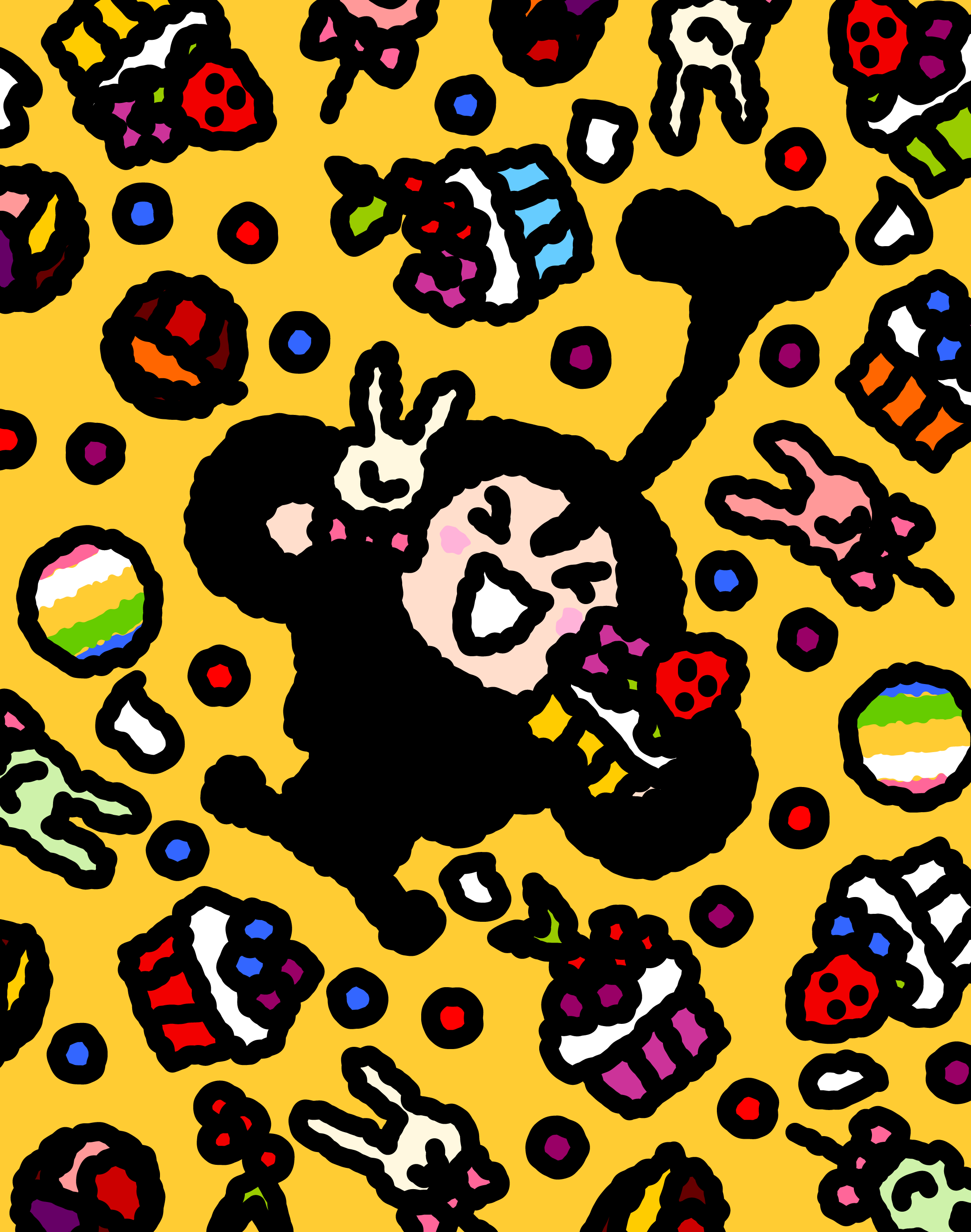 TAROUT eating one sweet after another in a yellow pattern of treats.