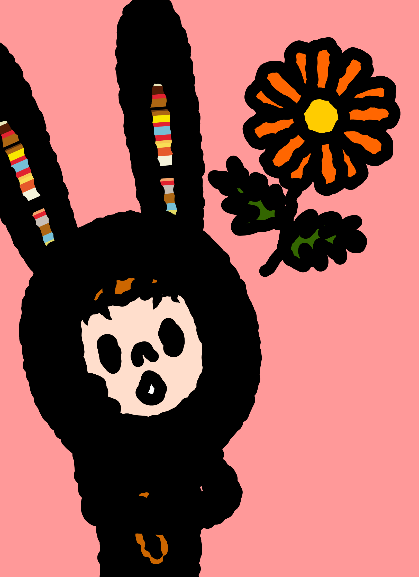 A close-up of Bunny Paul holding an orange flower.
