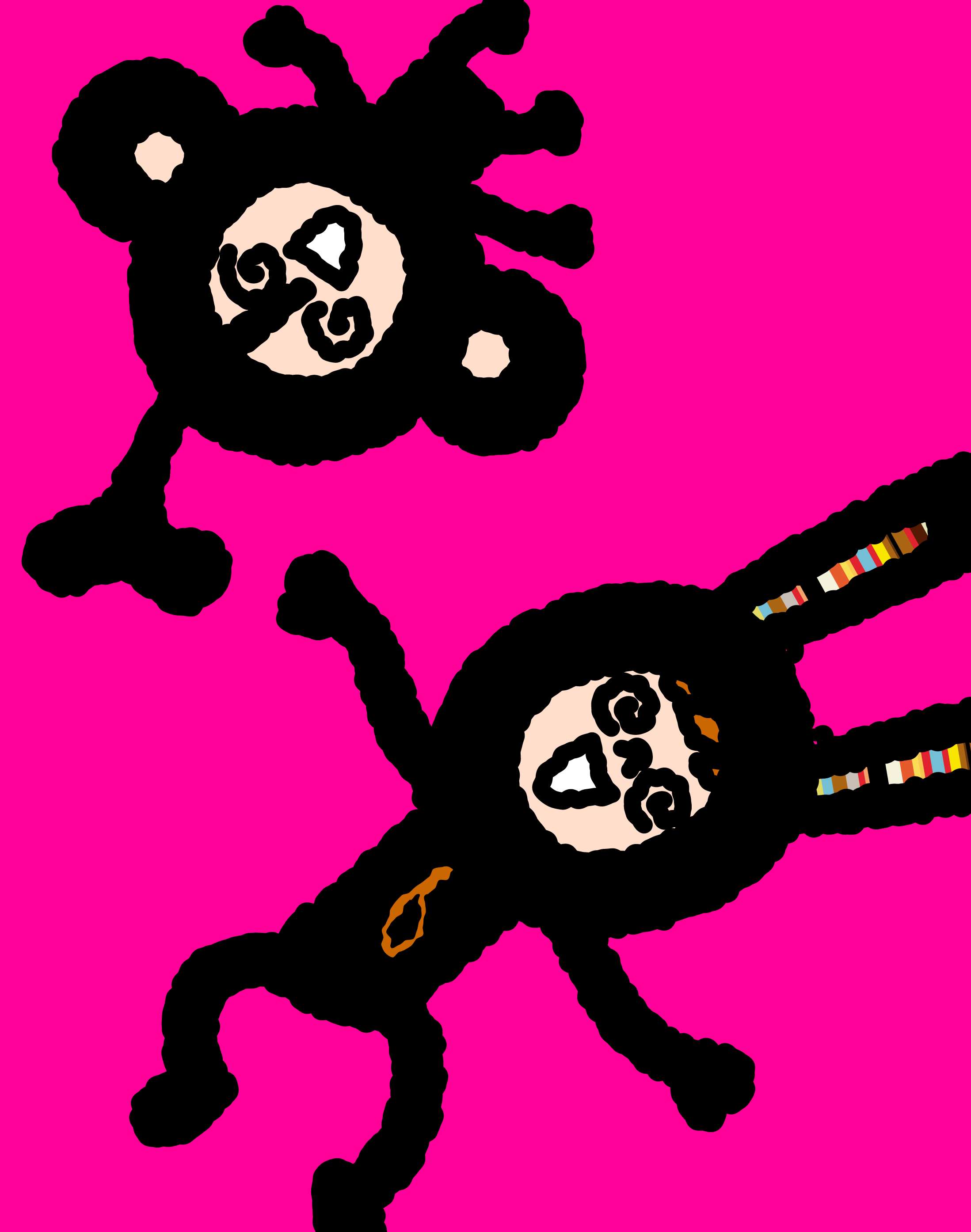 Bunny Paul and TAROUT collapsing with dizzy eyes on a vivid pink background.