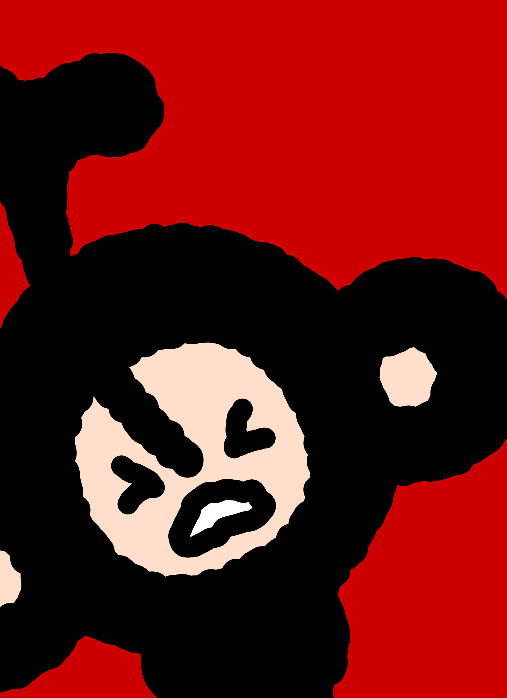 A close-up of TAROUT raising one arm with an uncomfortable expression on red.
