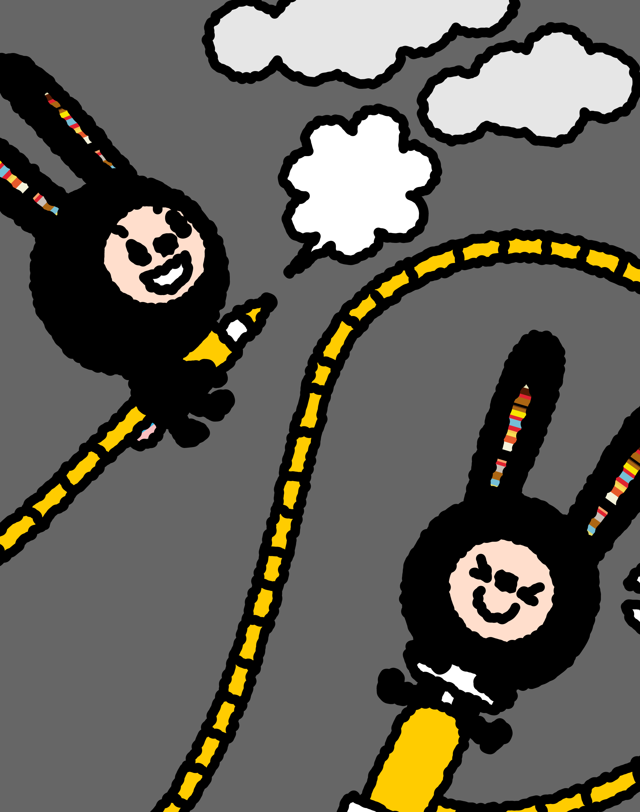 Bunny Paul and a Lunny beside a looping yellow pump hose beneath grey clouds.