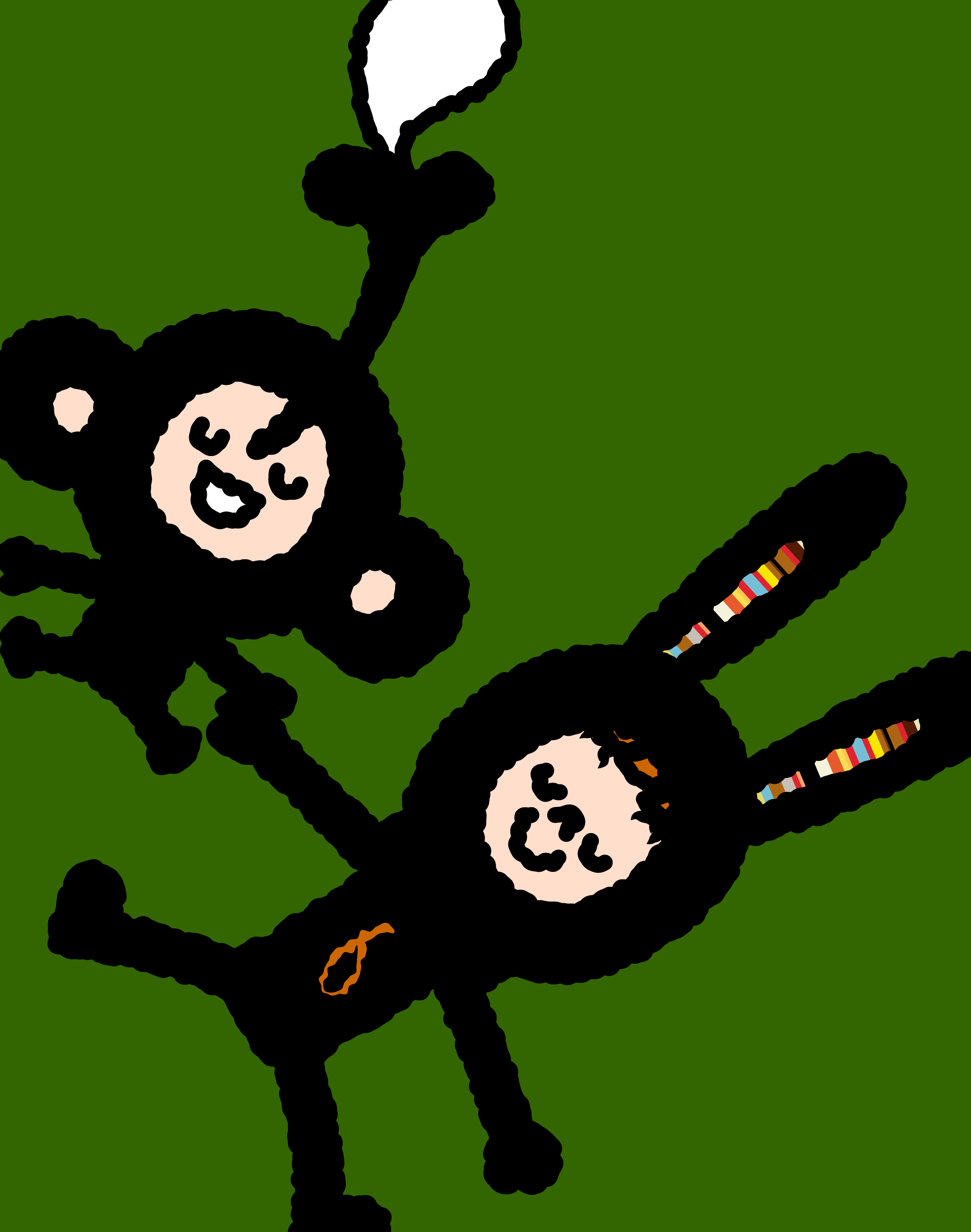 Bunny Paul and TAROUT dancing among speech bubbles on a deep-green background.