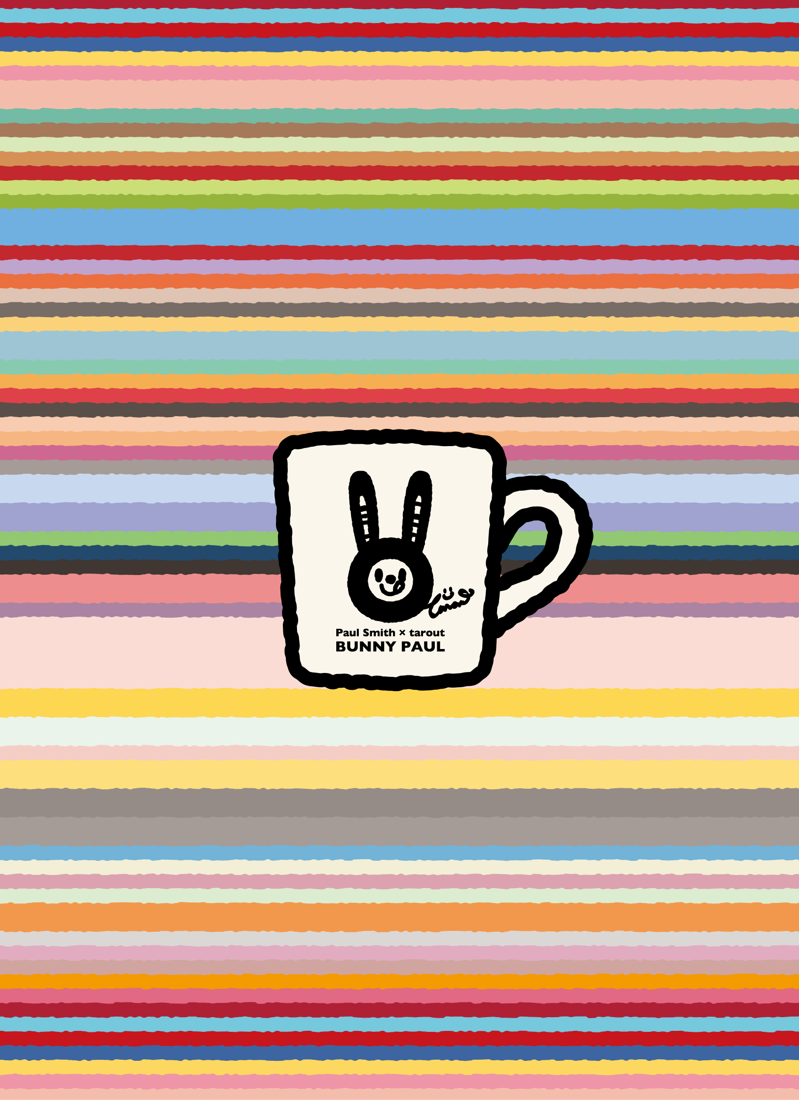 A ‘Paul Smith × TAROUT BUNNY PAUL’ mug against multicoloured horizontal stripes.