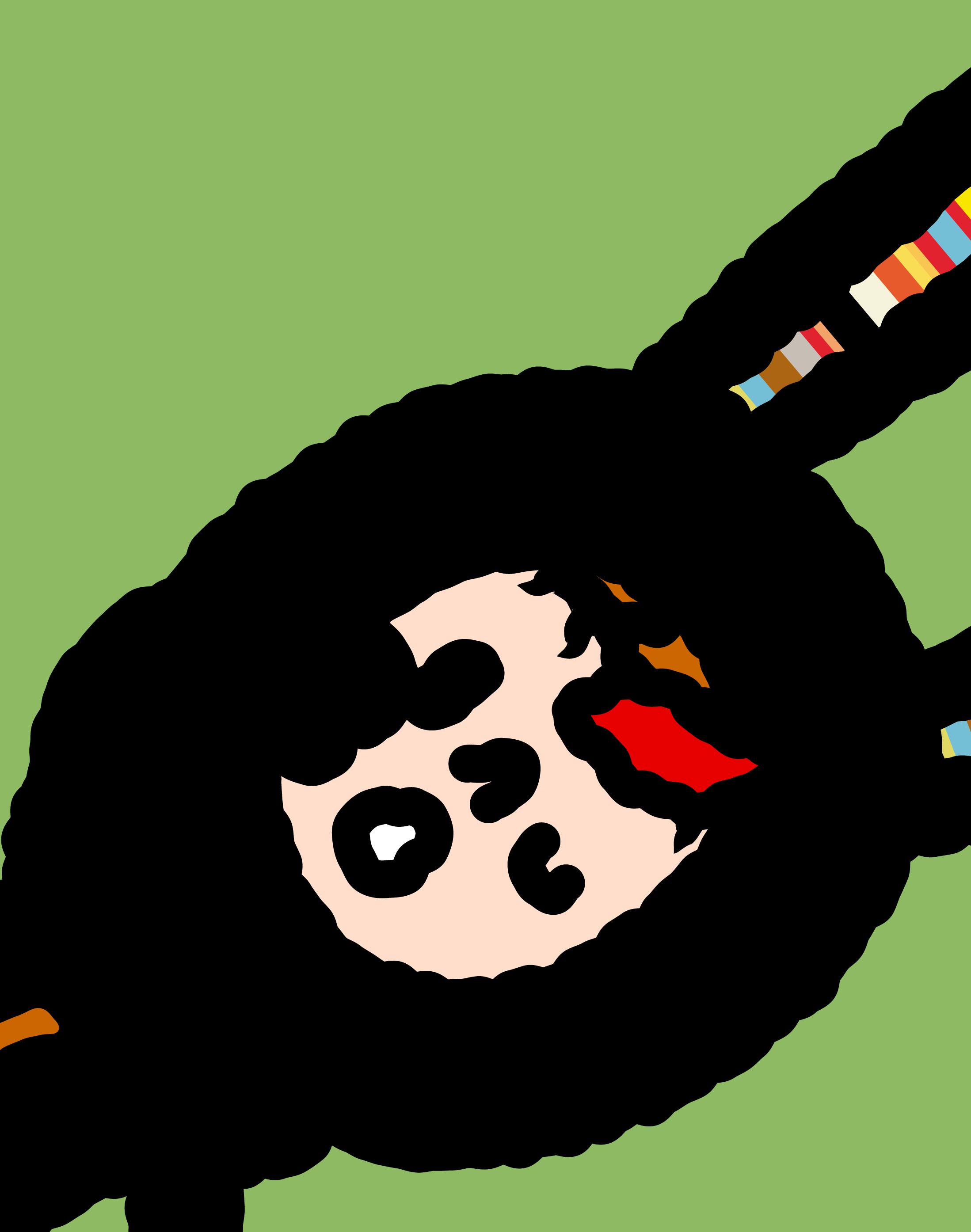 A close-up of Bunny Paul as a rose petal touches his face on green.