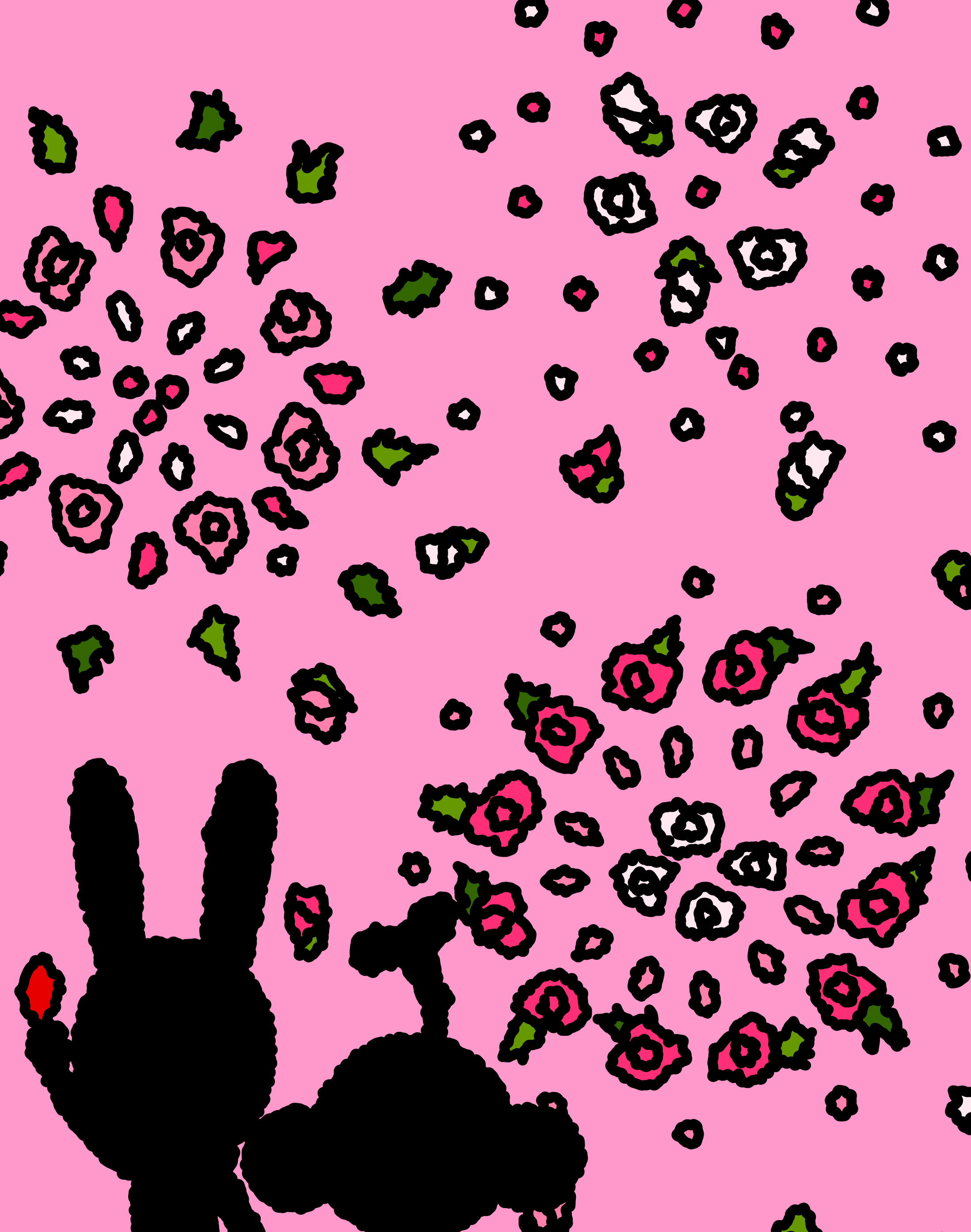 Two silhouettes looking up at a field of pink roses and flying petals.