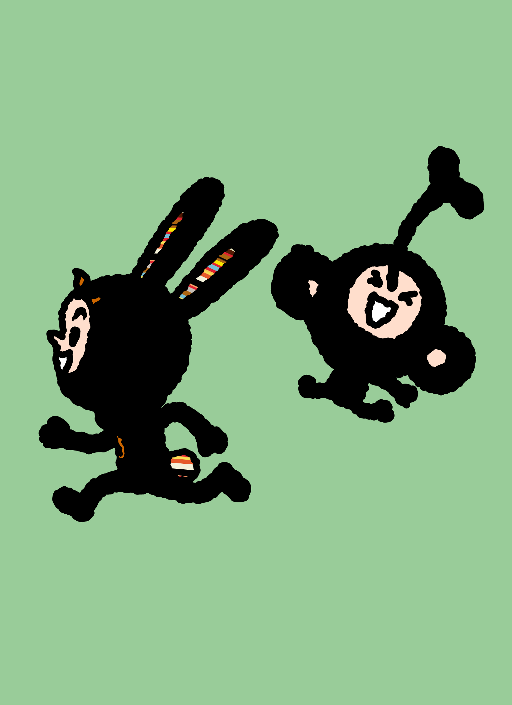 Bunny Paul and TAROUT running energetically on a pale-green background.