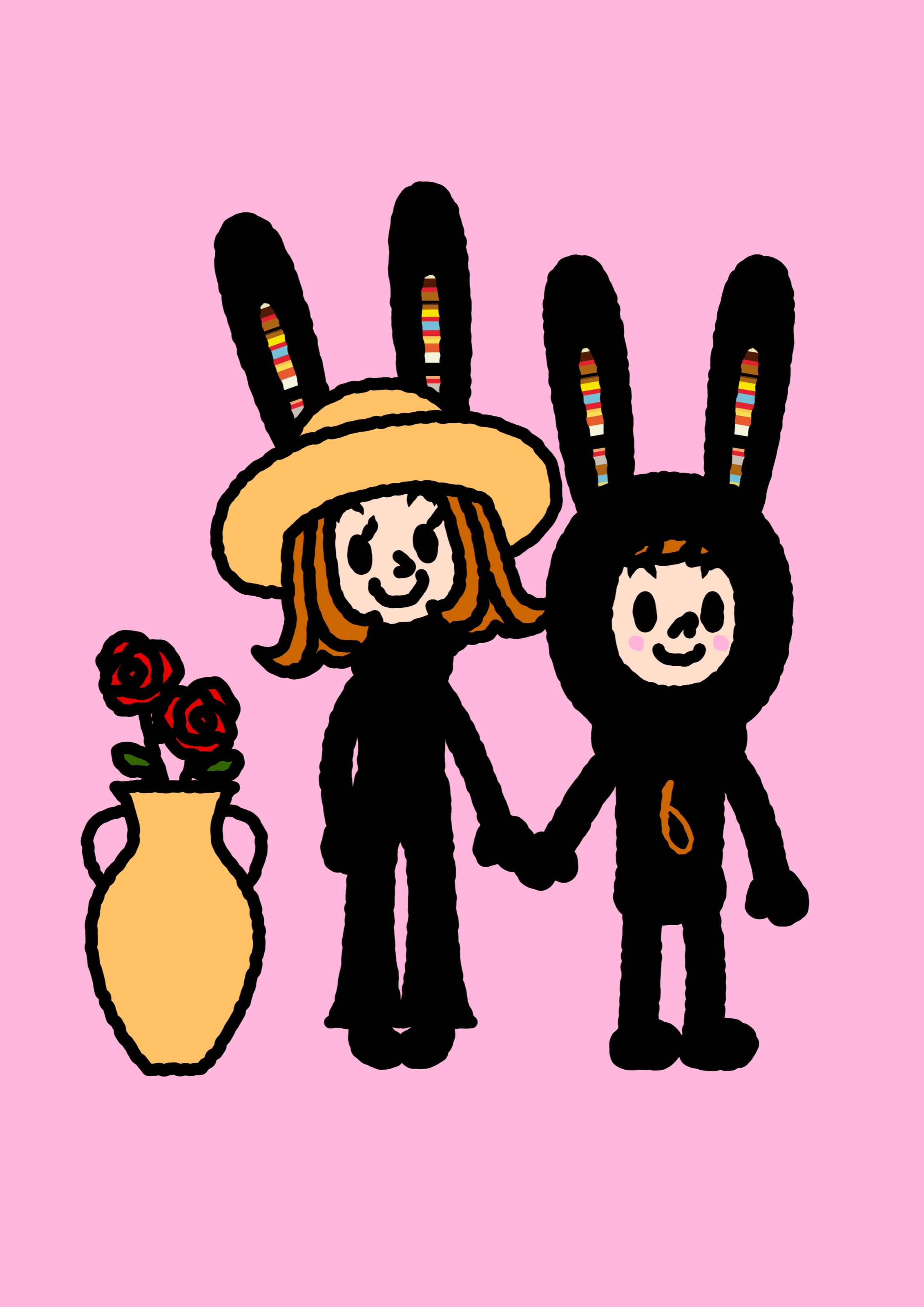 Pauline and Bunny Paul holding hands on pink beside a vase of red roses.