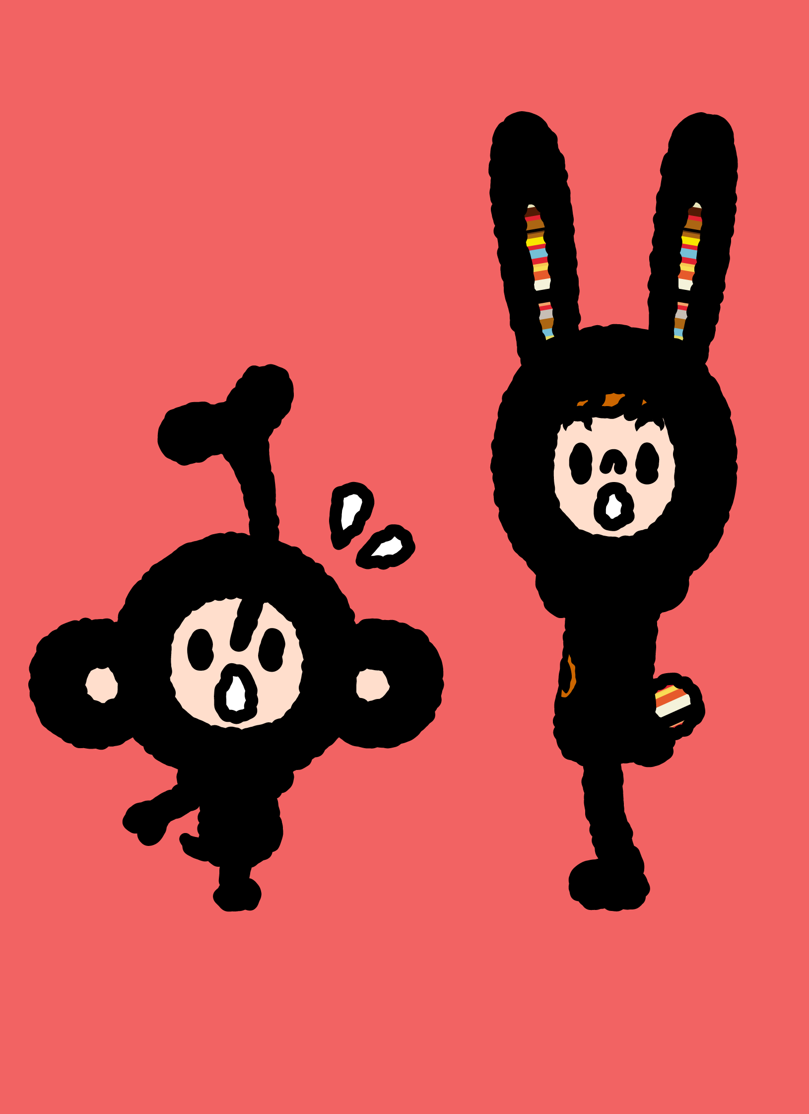 Bunny Paul and TAROUT between white surprise marks on a coral-pink background.