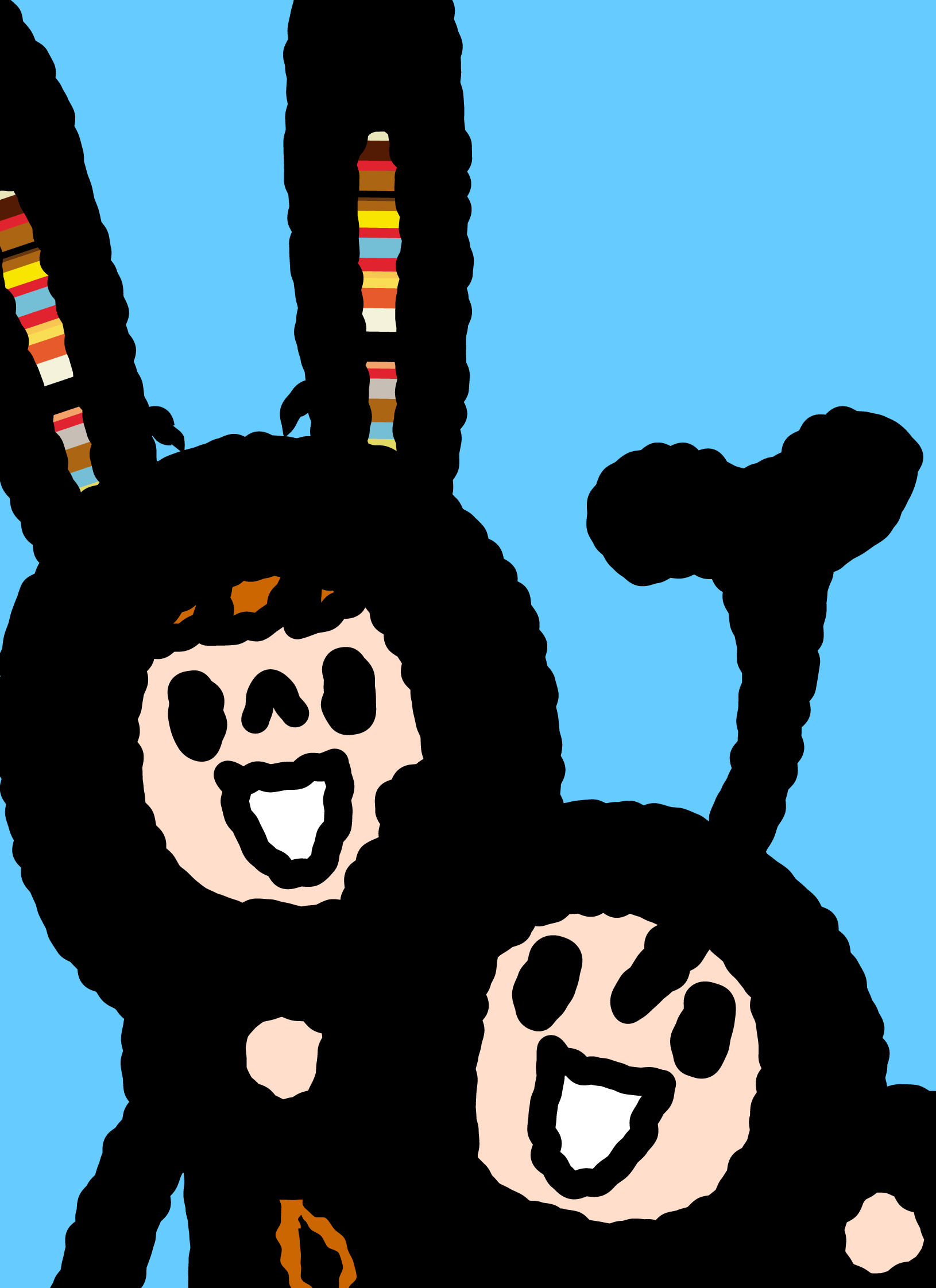 A close-up of Bunny Paul and TAROUT smiling together on blue.