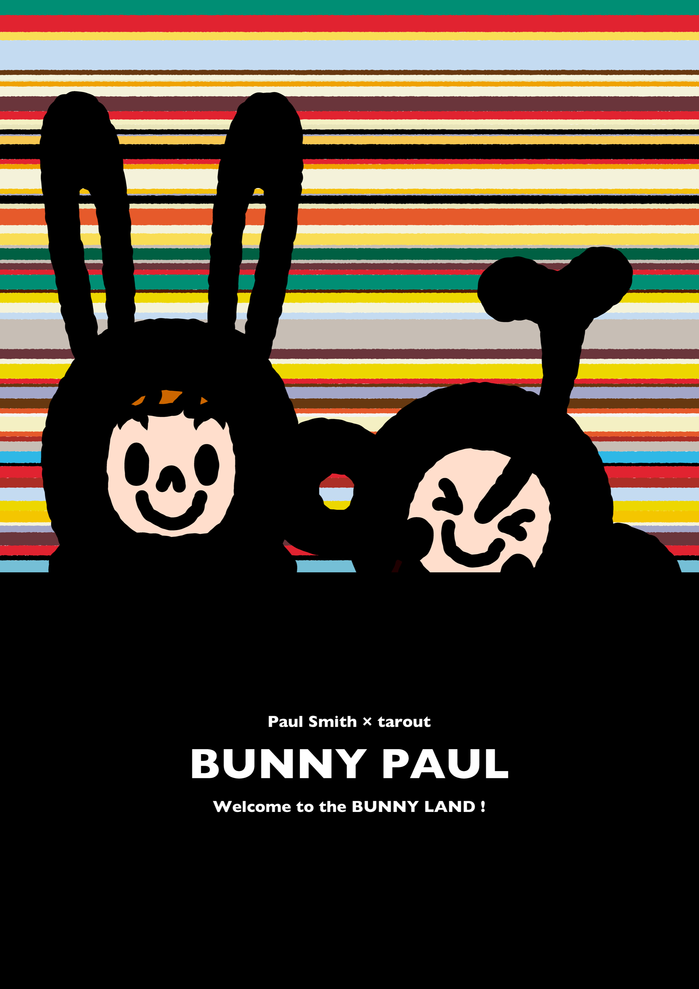 An ending artwork with multicoloured stripes, the characters, and the words ‘BUNNY PAUL Welcome to the BUNNY LAND!’.