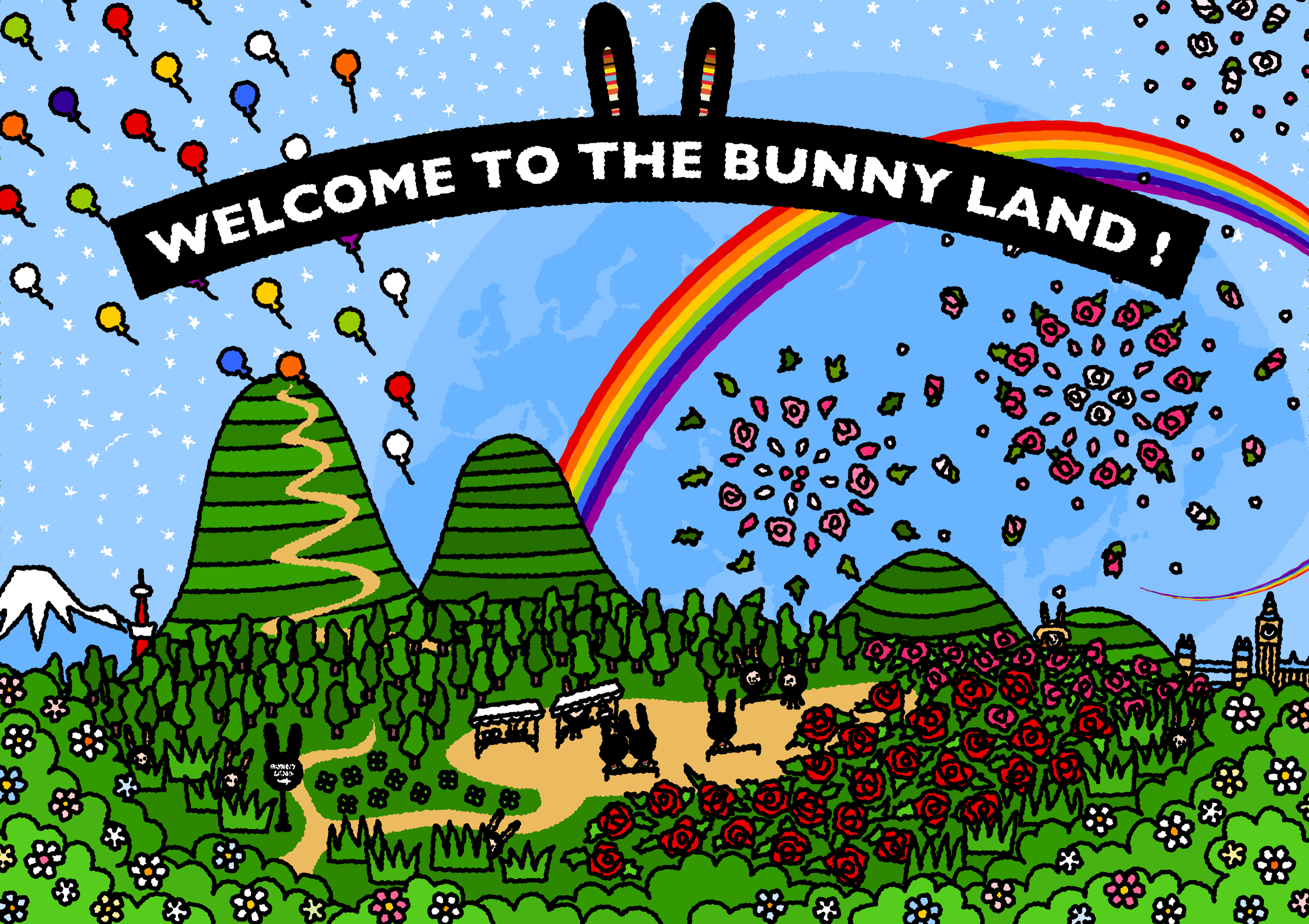 A detailed map of Bunny Land filled with a rainbow, mountains, forests, roses, balloons, Lunnys and landmarks.