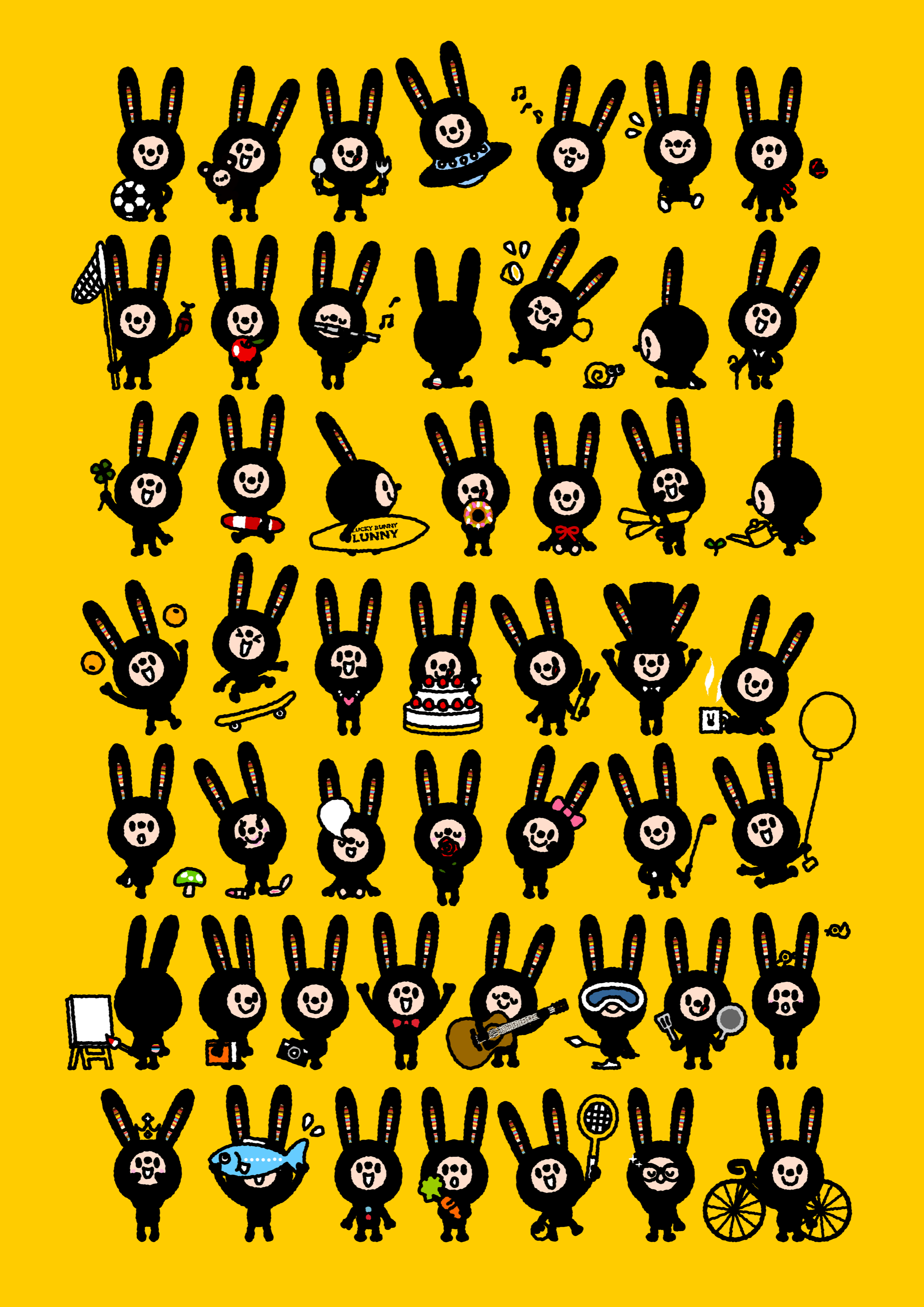 Fifty grown-up Lunnys with different clothes and belongings arranged in a yellow grid.