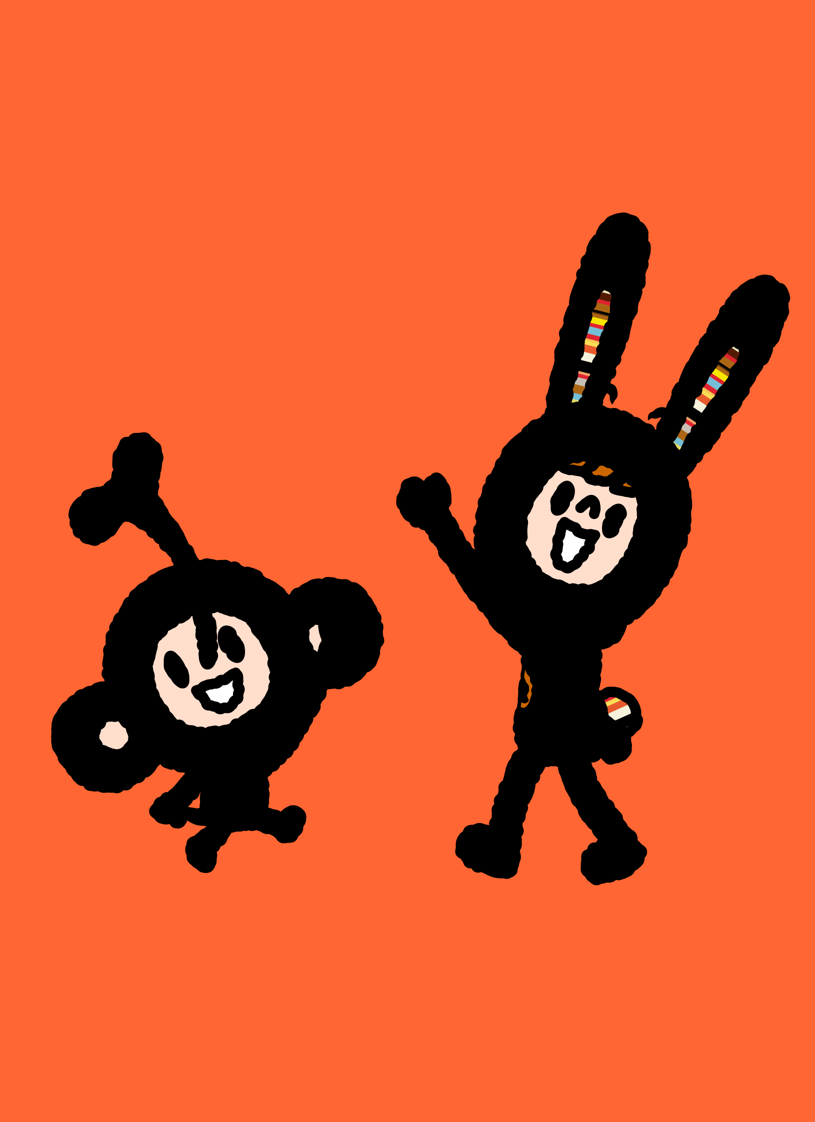 Bunny Paul and TAROUT raising their arms in greeting on an orange background.