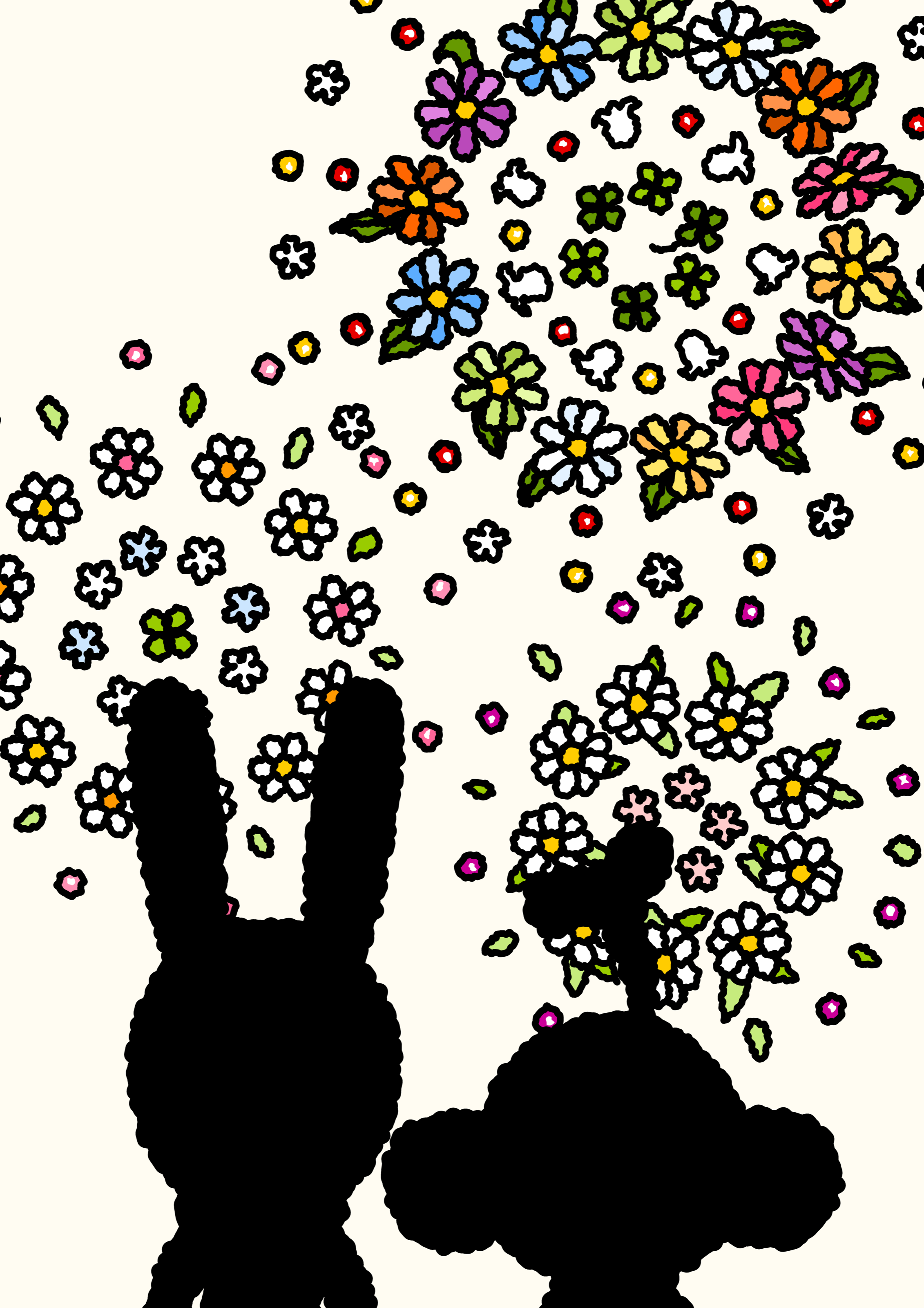 Flowers filling the sky above the silhouettes of Bunny Paul and TAROUT.