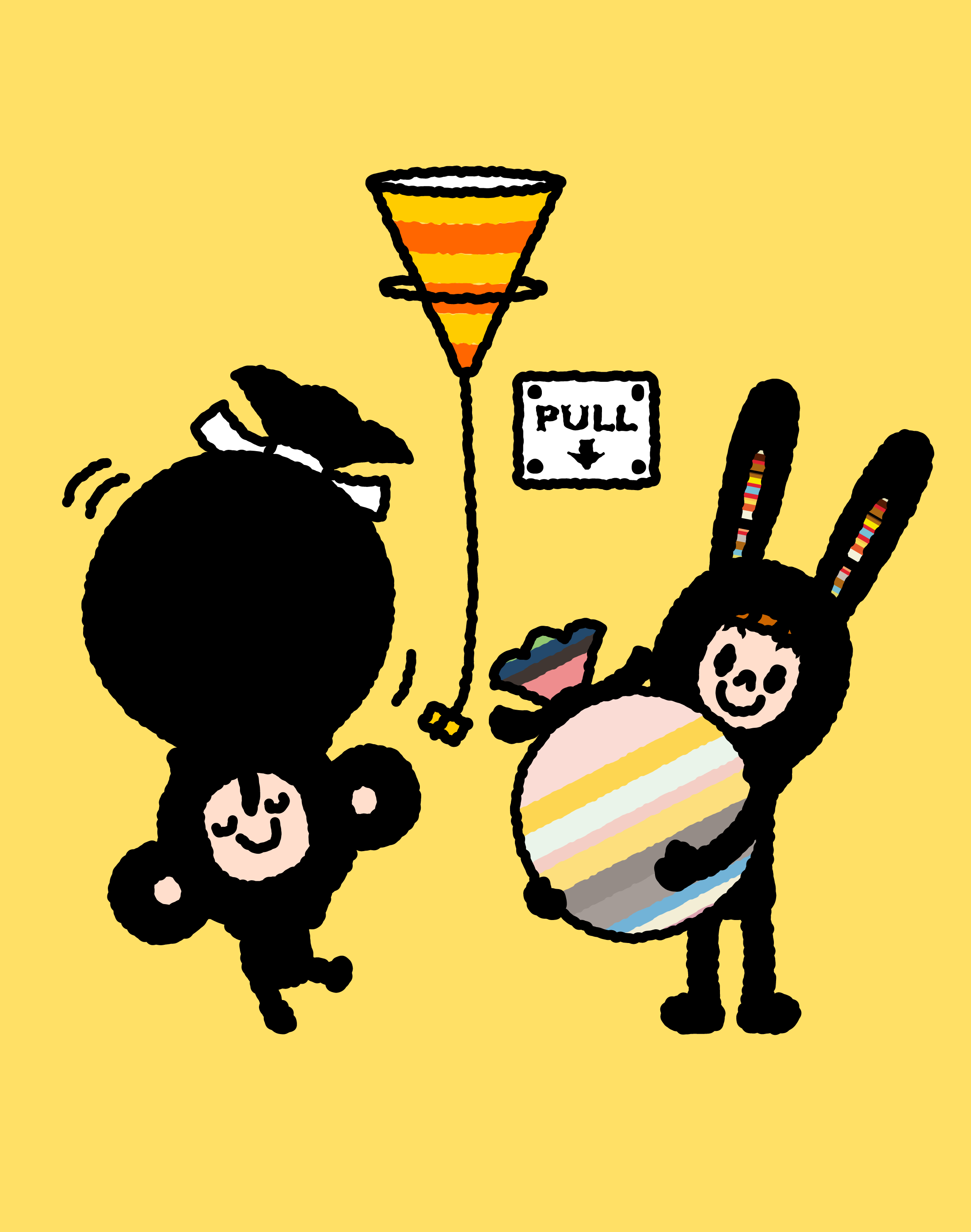 TAROUT pulling a launch cord while Bunny Paul holds a striped Flowerplay on a yellow background.