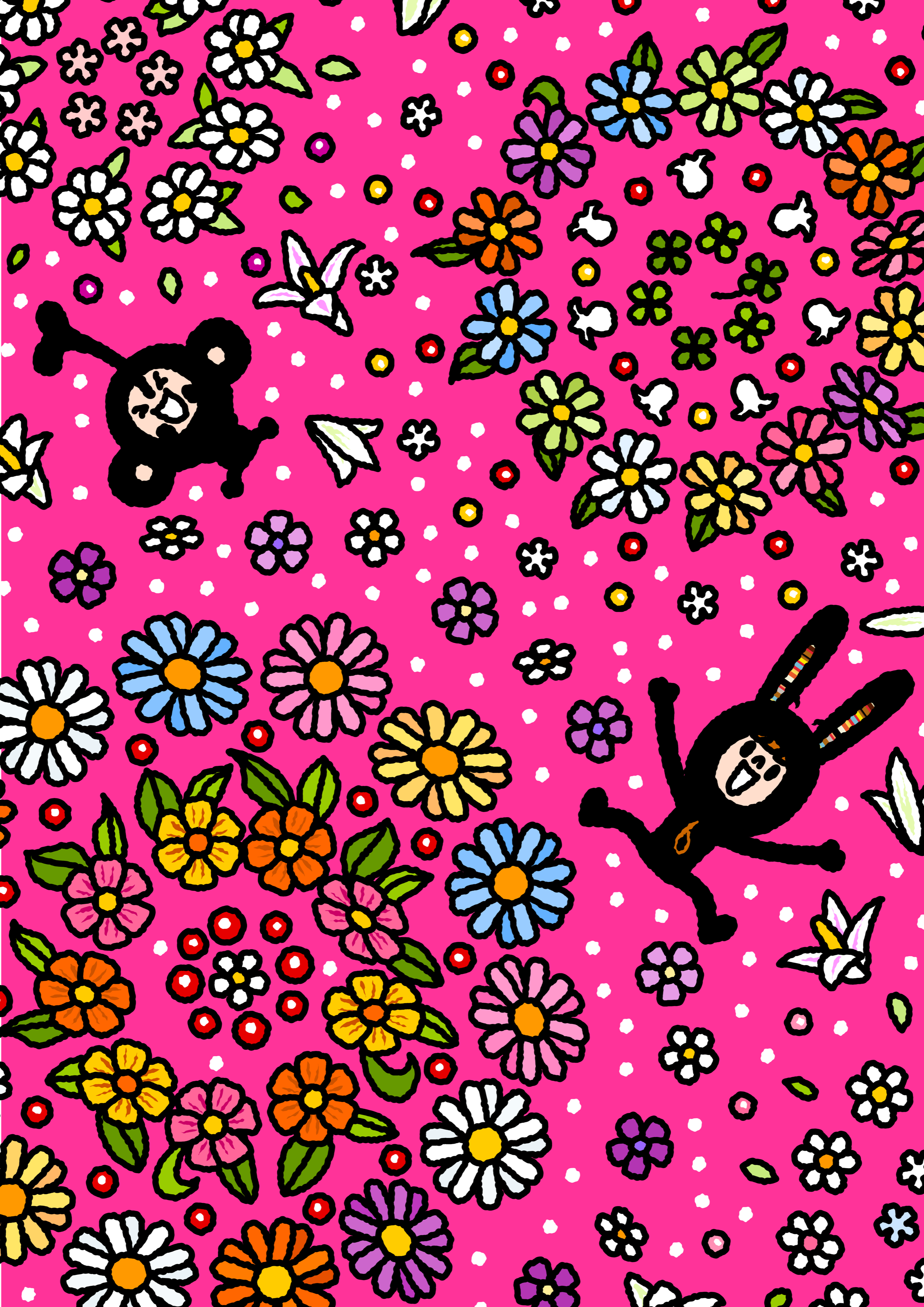 Bunny Paul and TAROUT flying through a vivid pink field of flowers.